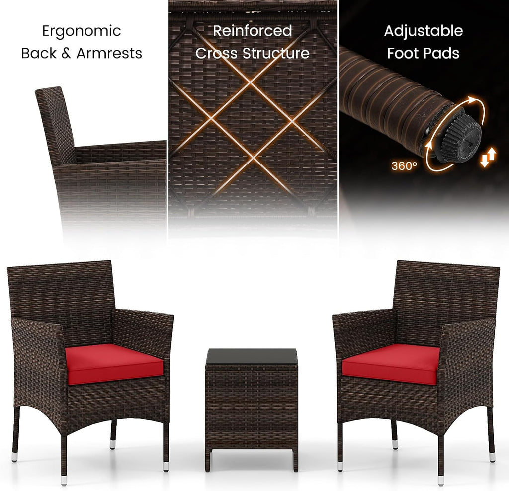 HAPPYGRILL 3PCS Patio Furniture Set Wicker Bistro Set with Glass Coffee Table & Cushions Outdoor Rattan Conversation Set for Garden Lawn Poolside Backyard