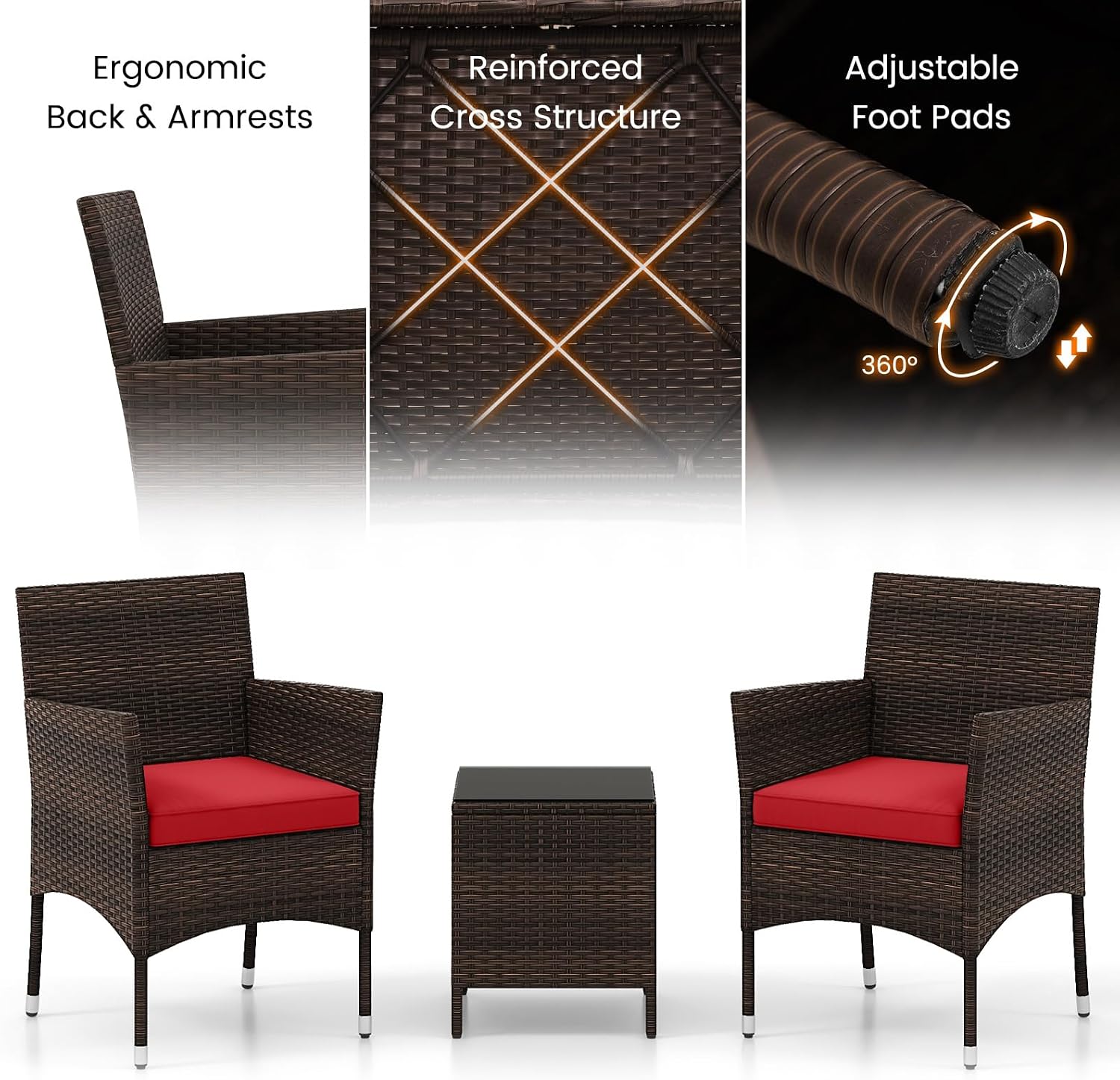 HAPPYGRILL 3PCS Patio Furniture Set Wicker Bistro Set with Glass Coffee Table & Cushions Outdoor Rattan Conversation Set for Garden Lawn Poolside Backyard