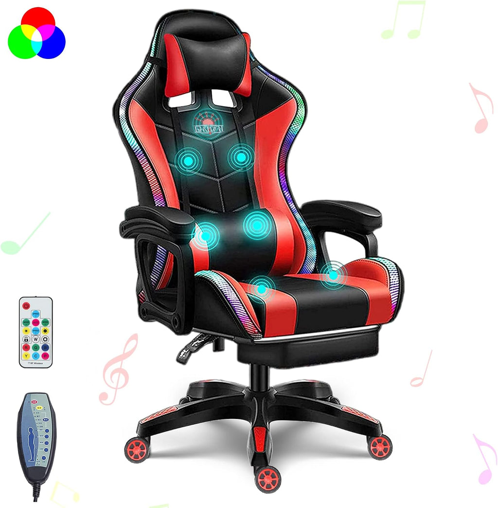 Gaming Chairs for Kids Adults Video Game Chair with LED Lights and Speakers Ergonomic 7-Point Massage Computer Chairs High Back Office Chair with Footrest and Lumbar Support Headrest,Red