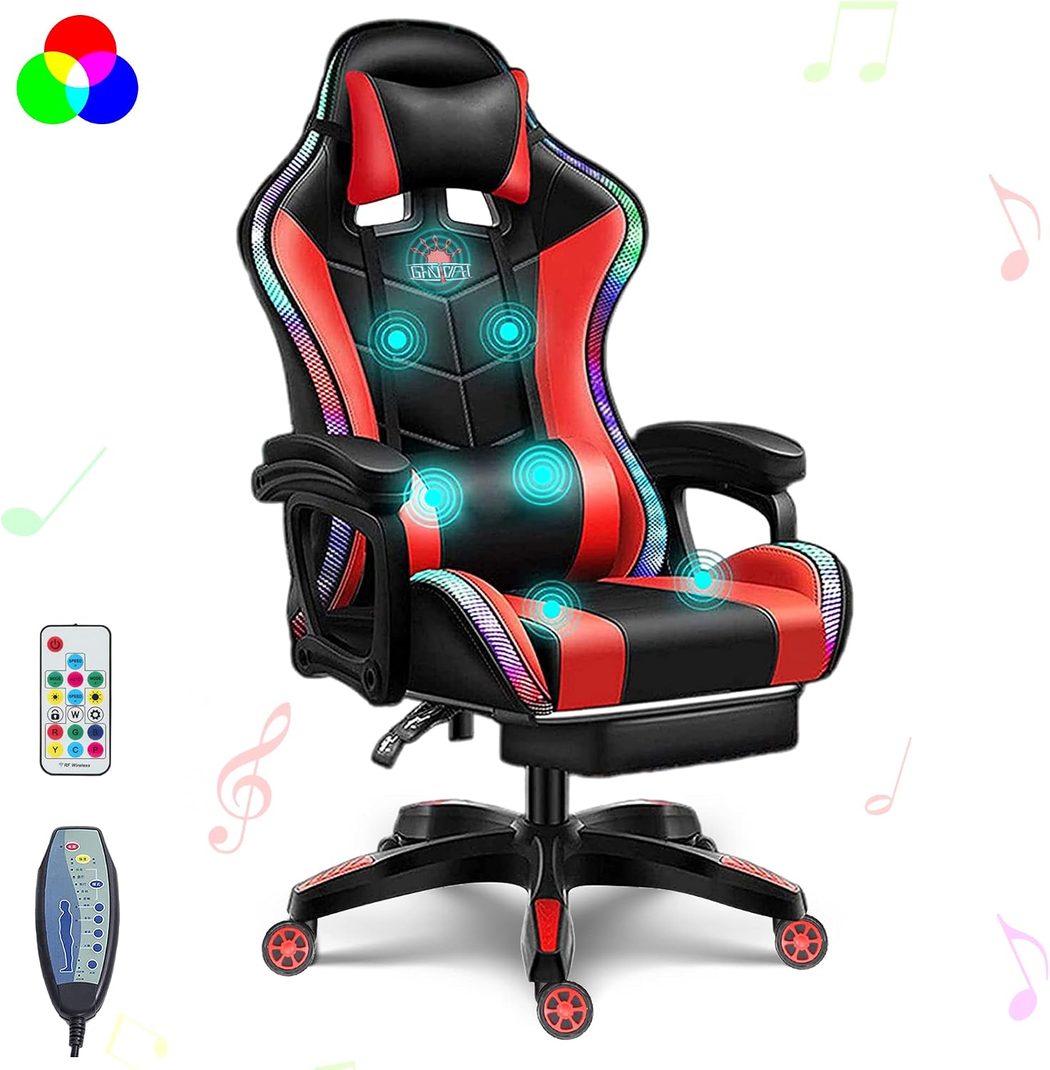 Gaming Chairs for Kids Adults Video Game Chair with LED Lights and Speakers Ergonomic 7-Point Massage Computer Chairs High Back Office Chair with Footrest and Lumbar Support Headrest,Red