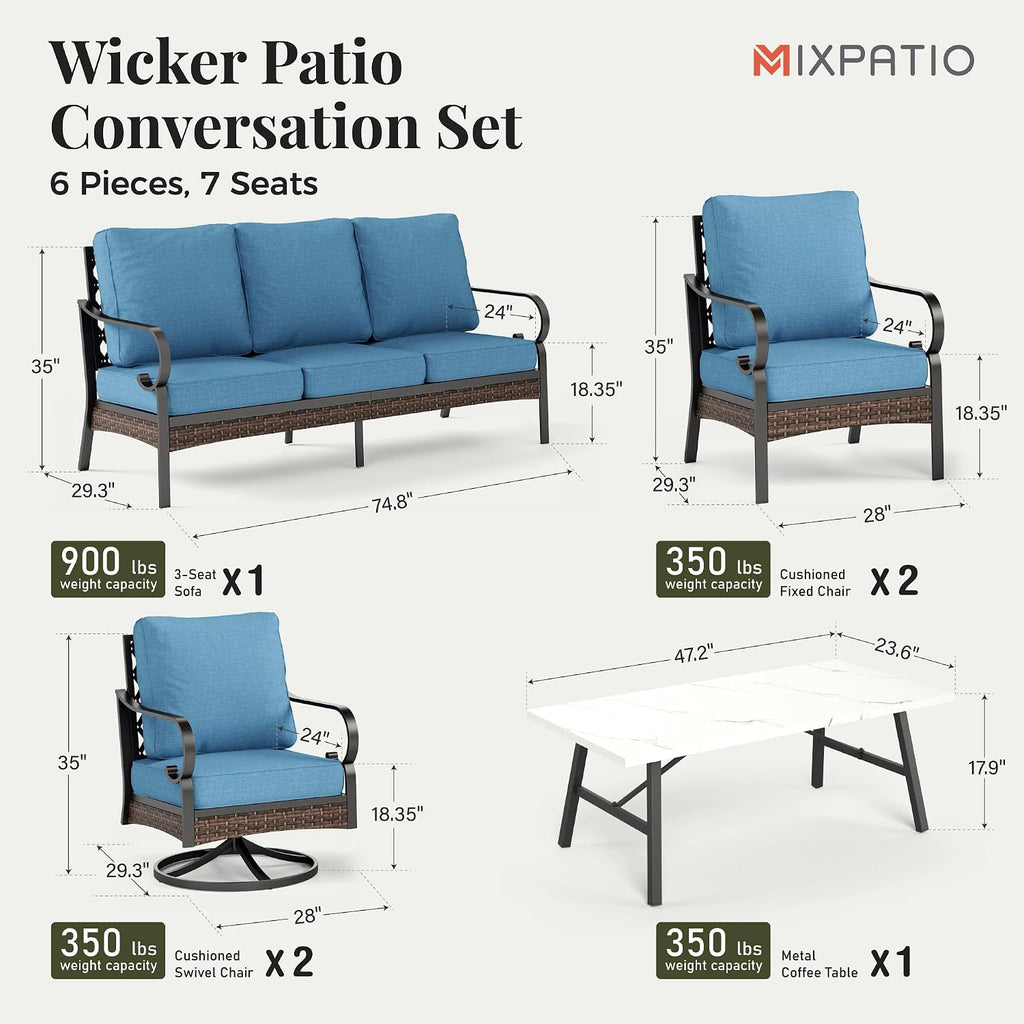 MIXPATIO Patio Furniture Set with Fire Pit Table, Metal Outdoor Conversation Set with 5.75'' Extra Thick Cushion, 2 Swivel Chairs, 2 Leg Chairs, 3-Seat Sofa and Gas Fire Pit Table, Navy Blue