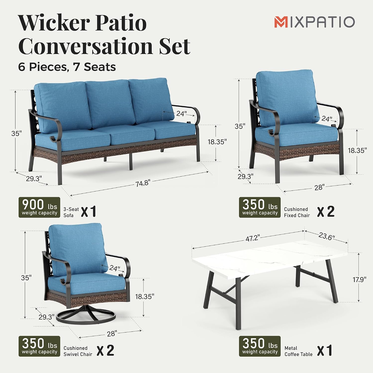 MIXPATIO Patio Furniture Set with Fire Pit Table, Metal Outdoor Conversation Set with 5.75'' Extra Thick Cushion, 2 Swivel Chairs, 2 Leg Chairs, 3-Seat Sofa and Gas Fire Pit Table, Navy Blue