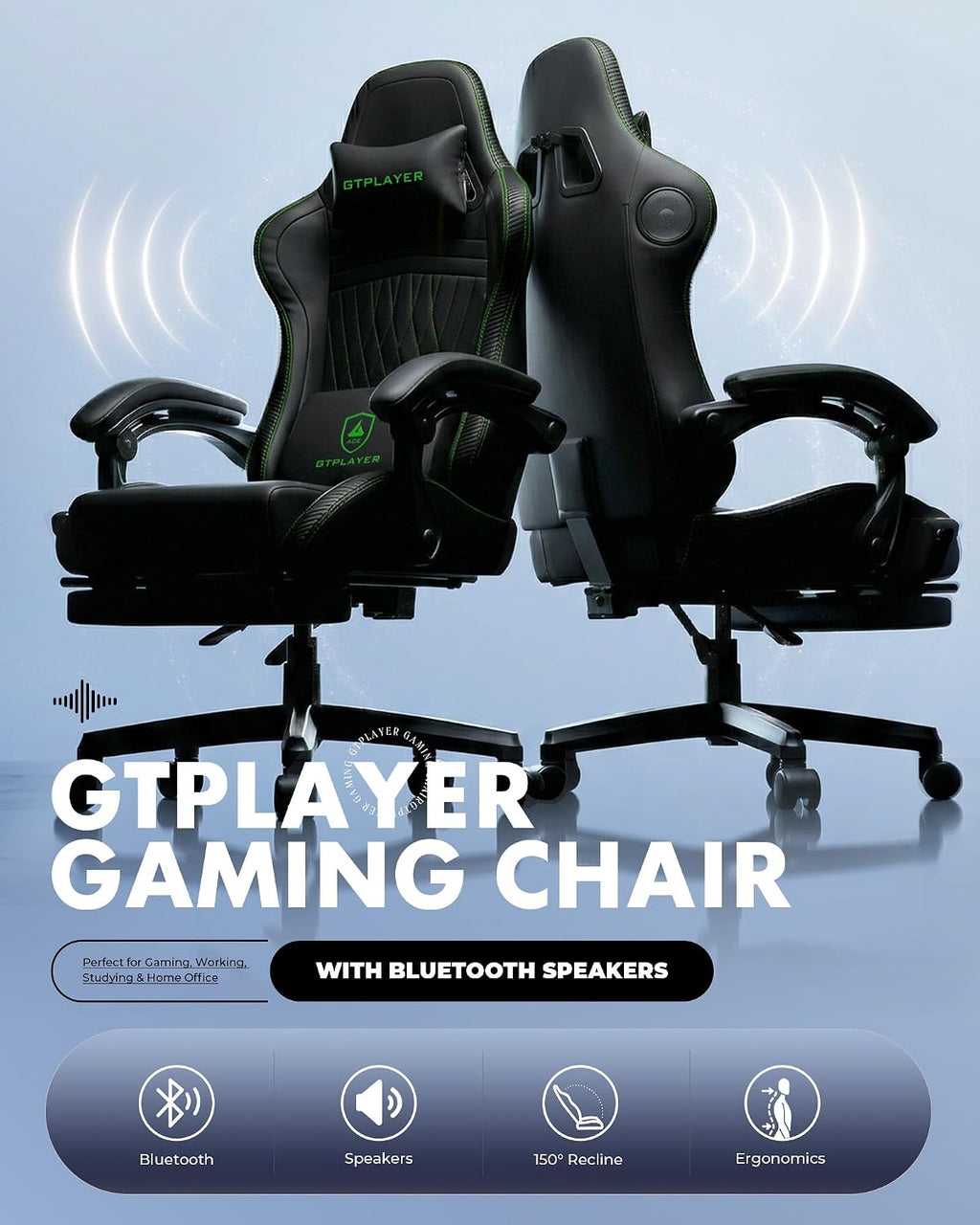 GTPLAYER Gaming Chair for Adults, Ergonomic Video Game Chairs, Footrest & Linkage Armrest, Reclining High Back Silla Gamer with Speakers for Home Office, Ace Pro, Black & Green