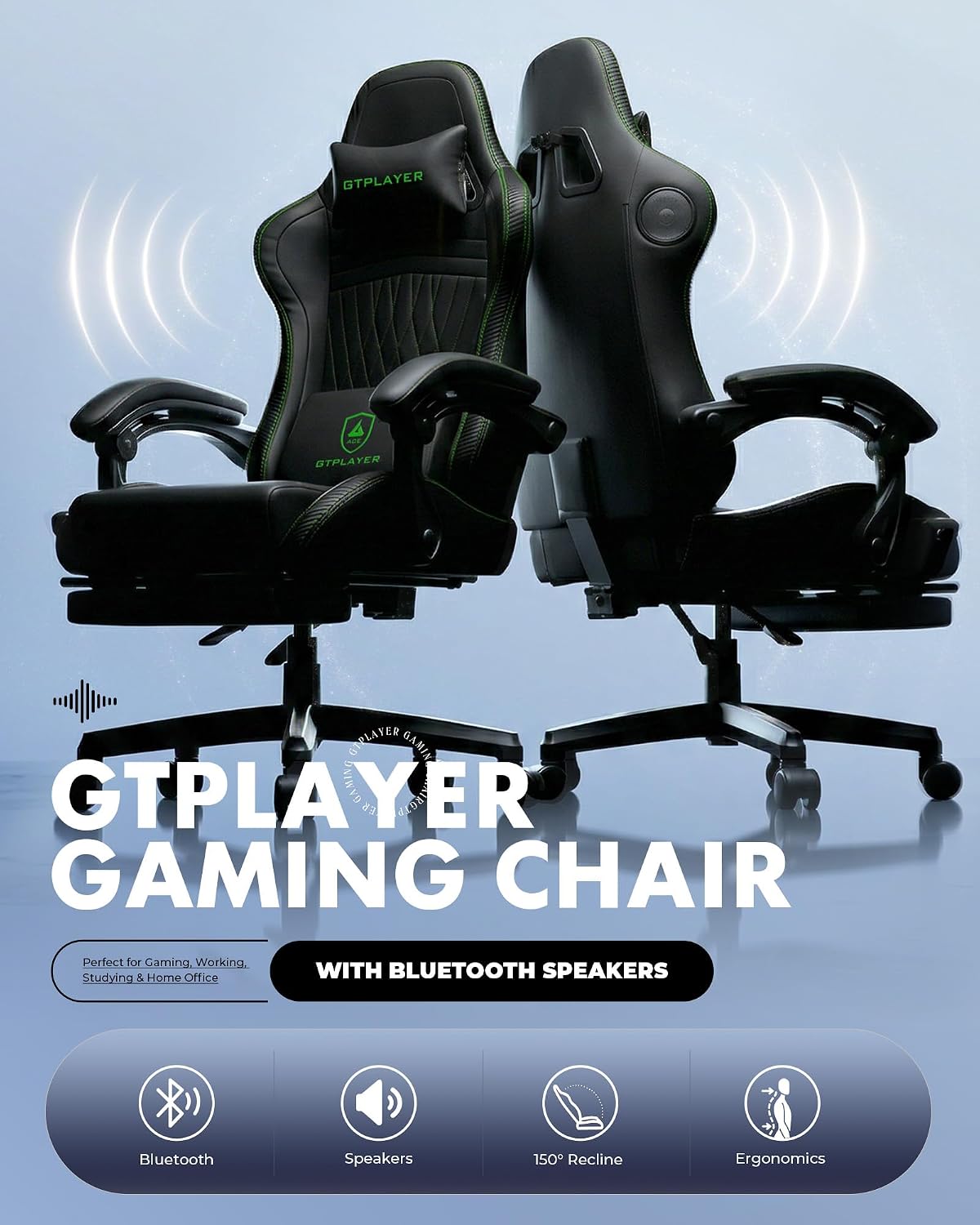GTPLAYER Gaming Chair for Adults, Ergonomic Video Game Chairs, Footrest & Linkage Armrest, Reclining High Back Silla Gamer with Speakers for Home Office, Ace Pro, Black & Green