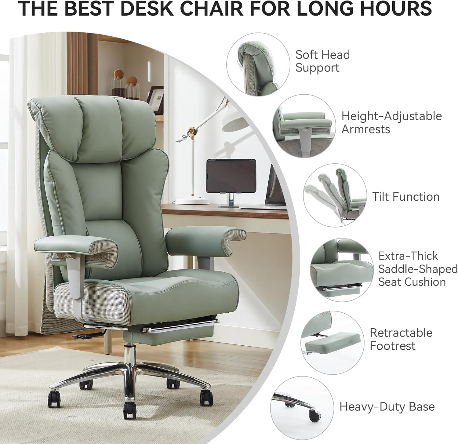 Efomao Big and Tall Office Chair 400lbs - Heavy Duty Executive Desk Chair with Foot Rest & 23' Wide Seat - High Back Ergonomic Leather Computer Chair for Heavy People, Home Office, Green