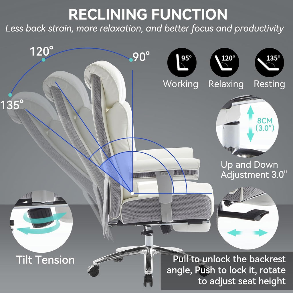 Efomao Big and Tall Office Chair with Footrest, 450lbs High Back Executive Chair with Spring Cushion, PU Leather Upholstery, Padded Armrests, Swivel Base, and Rolling Wheels – White Computer Chair