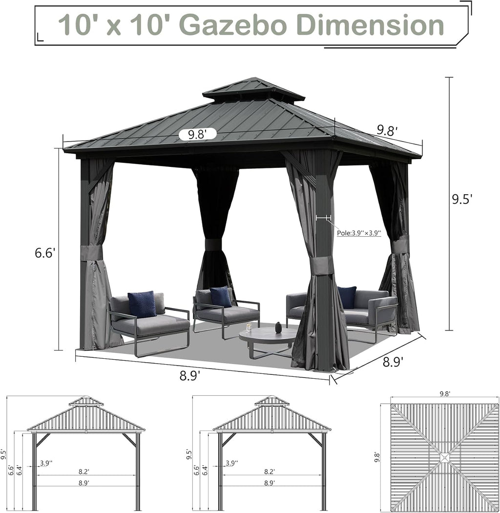 Domi Hardtop Gazebo 10x10FT, Aluminum Outdoor Gazebo with Galvanized Steel Double Roof Canopy, Curtains and Netting Included, Metal Gazebo Permanent Pavilion for Patio, Lawn, Garden, Gray
