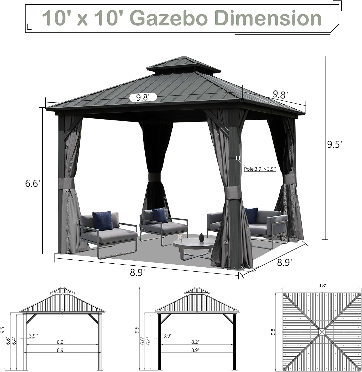 Domi Hardtop Gazebo 10x10FT, Aluminum Outdoor Gazebo with Galvanized Steel Double Roof Canopy, Curtains and Netting Included, Metal Gazebo Permanent Pavilion for Patio, Lawn, Garden, Gray
