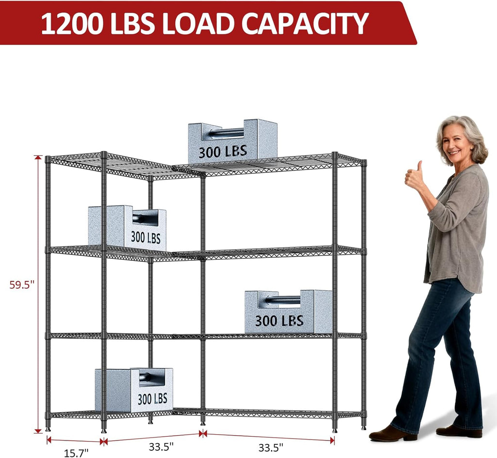 IZEUK Linked Storage Racks, DIY Adjustable Heavy Duty Metal Shelving Unit for Corner, Ideal for Kitchen, Garage, Warehouse, and Garden (Black, 4 Tiers, 15.7' D x 33.5' W x 59.5' H, 1147 lbs Capacity)