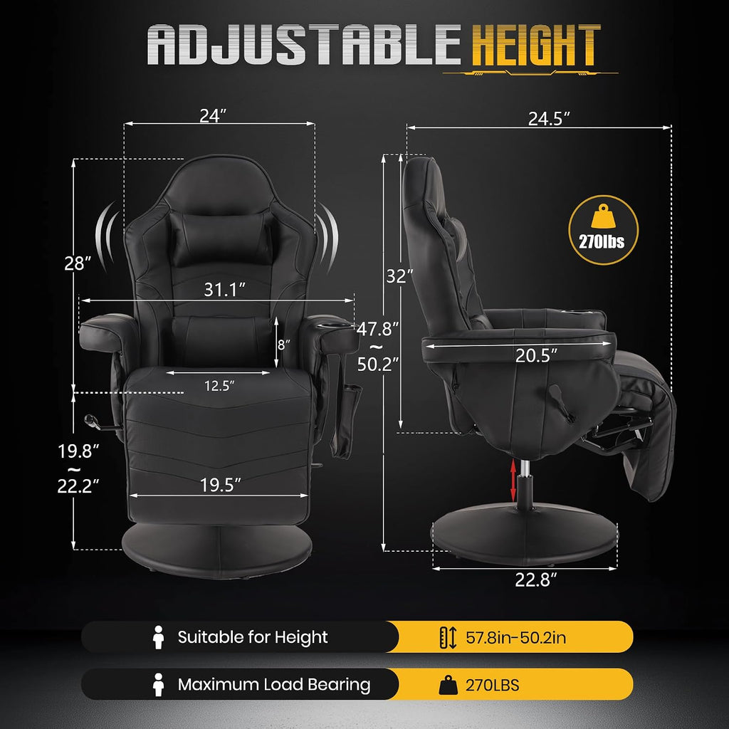 Massage Gaming Recliner Chair with Cup Holder & Side Pockets – Ergonomic PU Leather Video Gaming Chair with Footrest, Manual Recline, Headrest & Lumbar Support for Office or Game Room (Black)