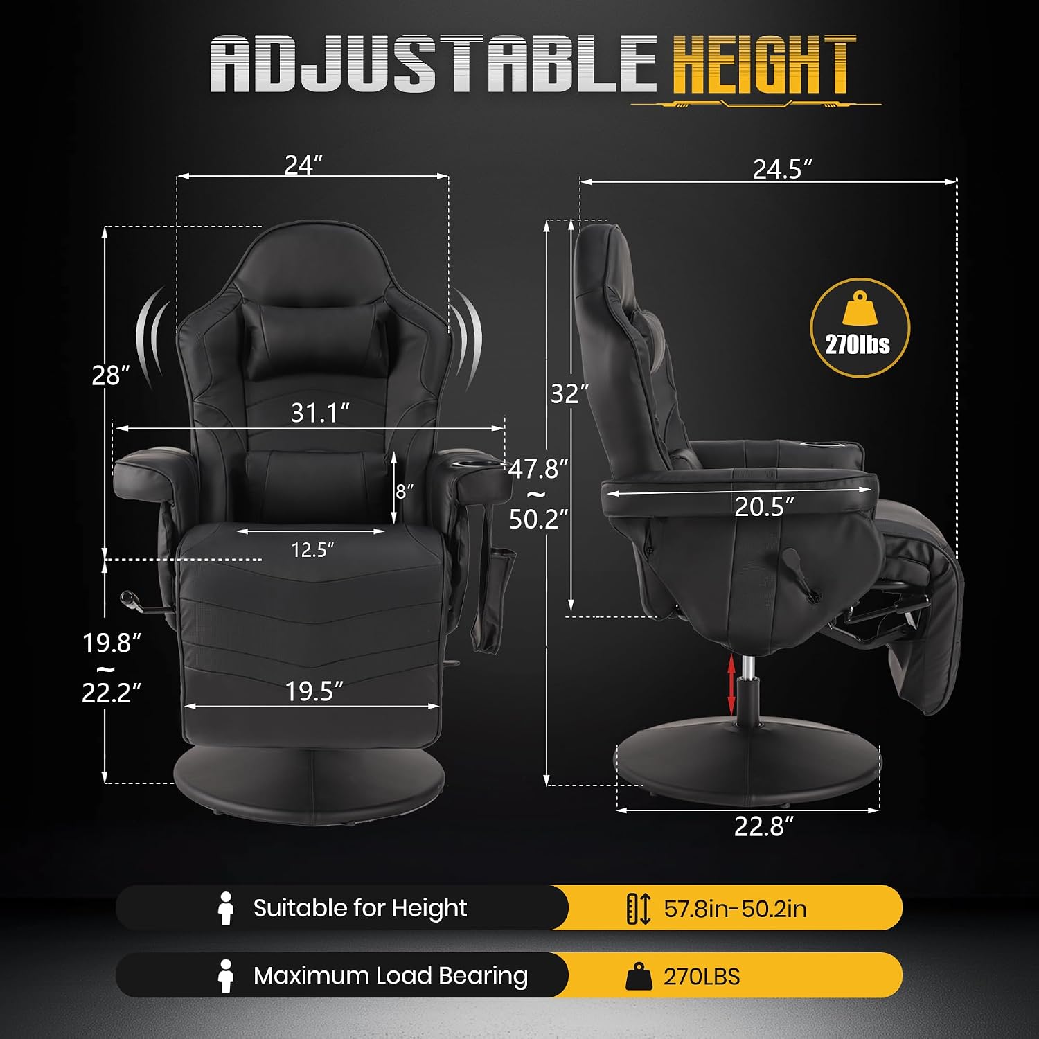 Massage Gaming Recliner Chair with Cup Holder & Side Pockets – Ergonomic PU Leather Video Gaming Chair with Footrest, Manual Recline, Headrest & Lumbar Support for Office or Game Room (Black)
