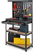 Goplus Workbench, Work Table with Drawer, Pegboard, Hanging Accessories, Topping Space, 4-Tier Heavy Duty Metal Tool Storage Bench, Work Benches for Garage, Workshop (Red, 32' x 16' with Drawer)
