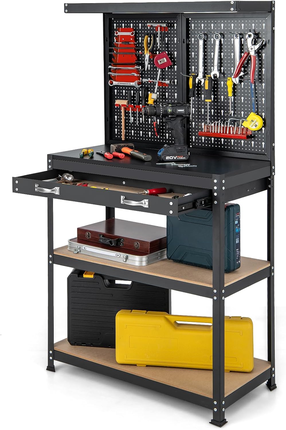 Goplus Workbench, Work Table with Drawer, Pegboard, Hanging Accessories, Topping Space, 4-Tier Heavy Duty Metal Tool Storage Bench, Work Benches for Garage, Workshop (Red, 32' x 16' with Drawer)