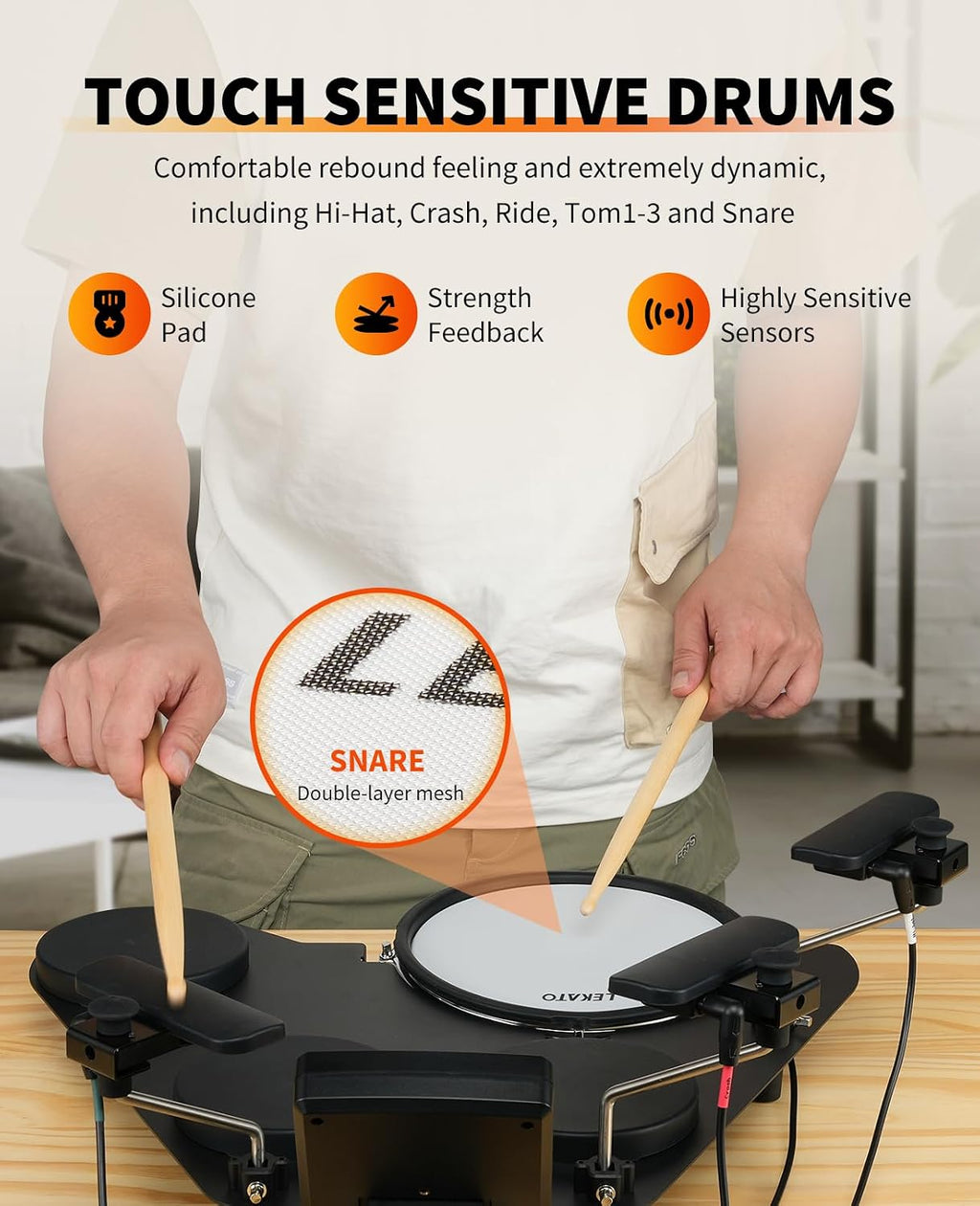 LEKATO Electronic Drum Set, Portable Electric Drum Set for Beginner with Quiet Mesh Snare Drum Pads, 220+ Sounds, USB MIDI, 2 Switch Pedal, Electric Drum Kit with Sticks, Travel Bag