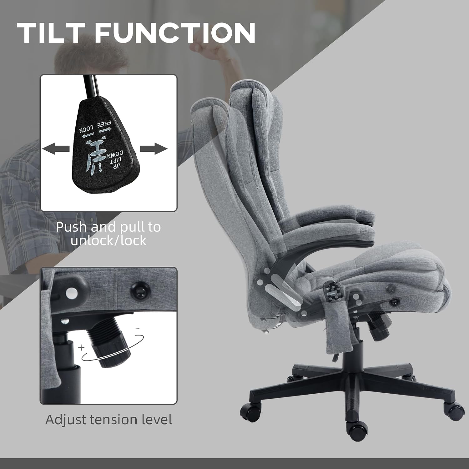 Vinsetto 6 Point Vibrating Massage Office Chair with Heat, Linen High Back Executive Office Chair with Reclining Backrest, Padded Armrests and Remote, Gray