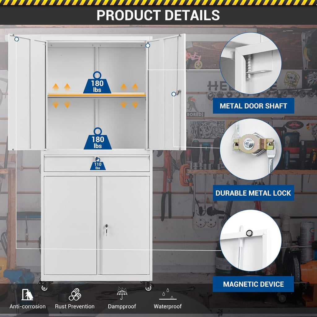 Fesbos 73' Metal Cabinet-White Heavy Duty Rolling Storage Cabinet Steel Tool Cabinets with Wheels, Shelves, Lockable Doors and Drawers- for Garage, Pantry, Warehouse Home Office- Assembly Required