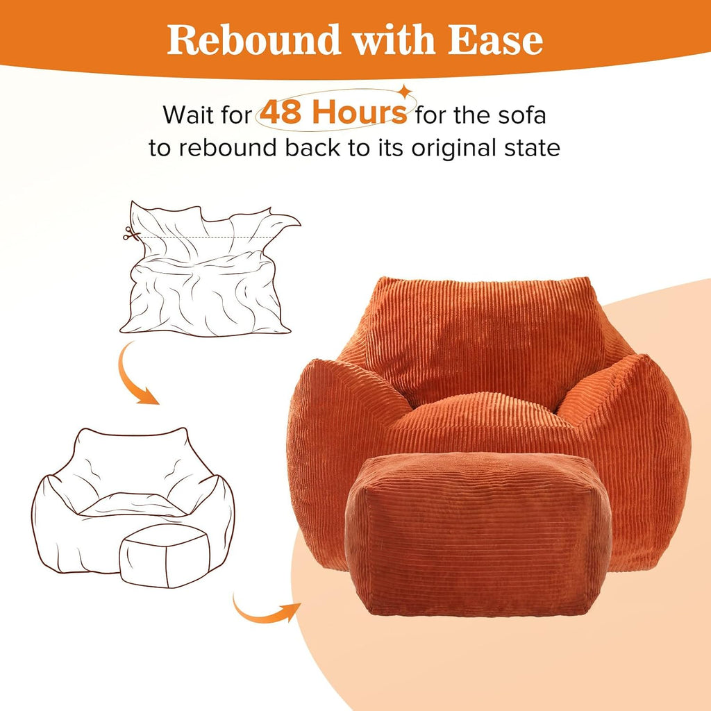 Big Bean Bag Chair for Adults, Ultra Soft Living Room Bean Bag with Armrests & Ottoman, Stuffed BeanBag Chair for Napping, Gaming, Vacuum-Compressed for Easy Gifting, 48h to Expand, Orange