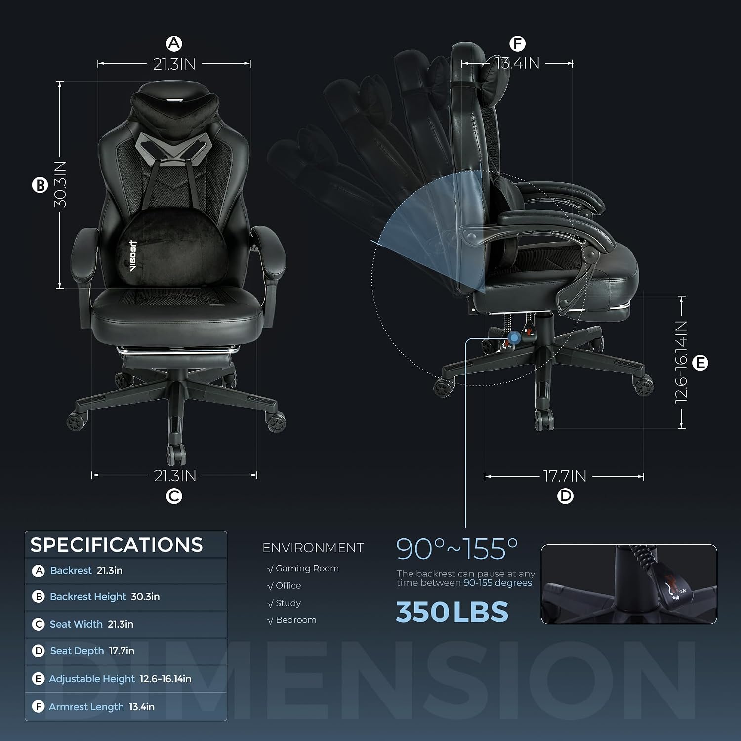 Vigosit Gaming Chair PRO: High-Performance Ergonomic Chair with Full Mesh, Patented 3D Lumbar Support, Retractable Footrest & 400 lbs Metal Frame for Elite Gamers (Black 03Pro)