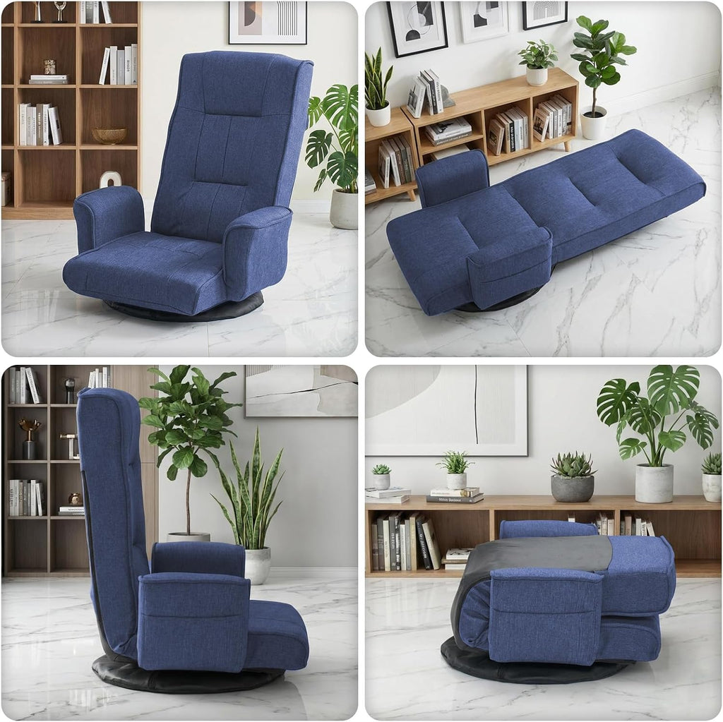 360 Swivel Gaming Chair 14-Position Adjustable Folding Floor Sofa with Armrests Lounger Bed for Home & Living Room Chaise Lounge Indoor for Adults (Blue-1)
