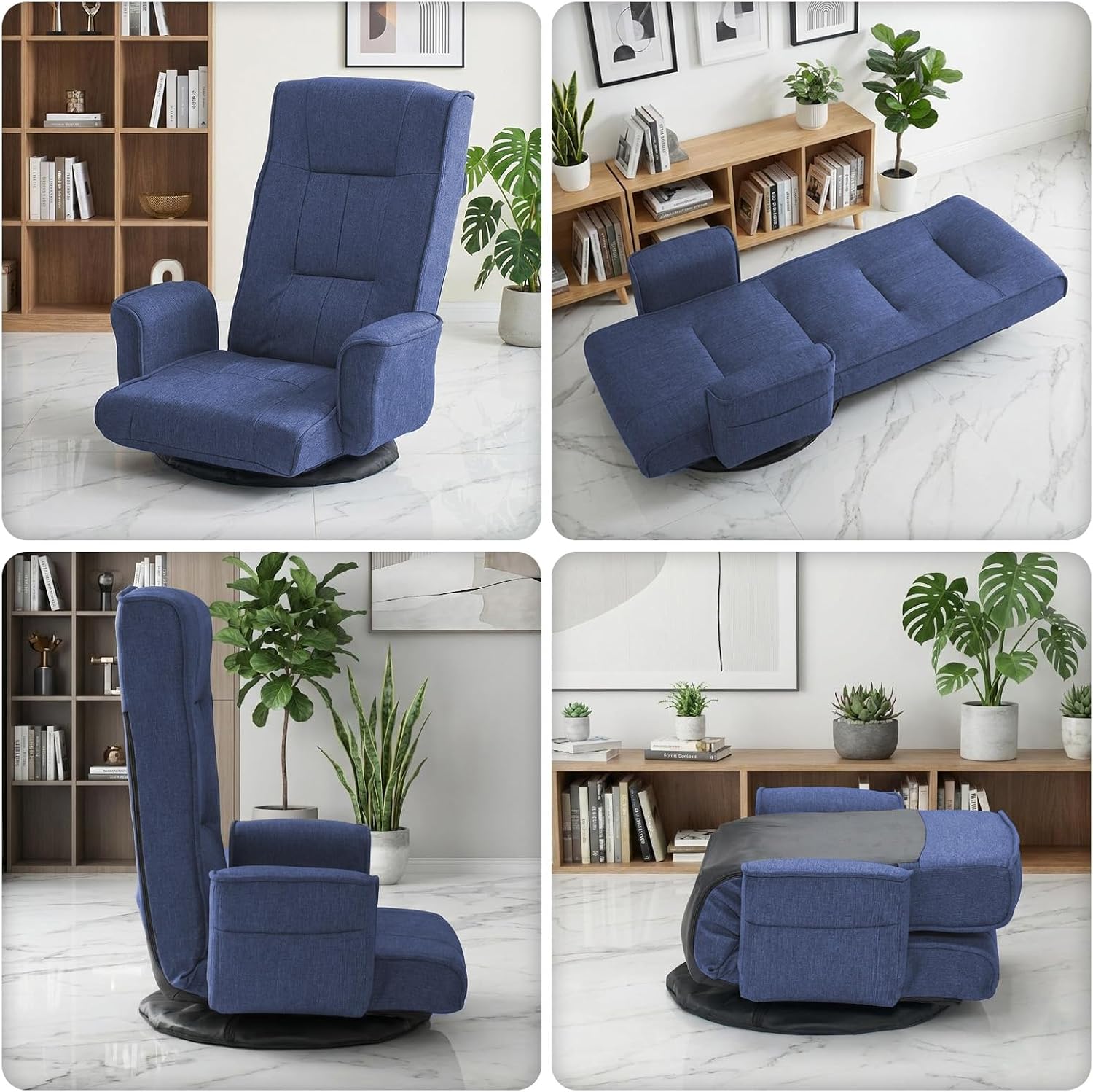 360 Swivel Gaming Chair 14-Position Adjustable Folding Floor Sofa with Armrests Lounger Bed for Home & Living Room Chaise Lounge Indoor for Adults (Blue-1)