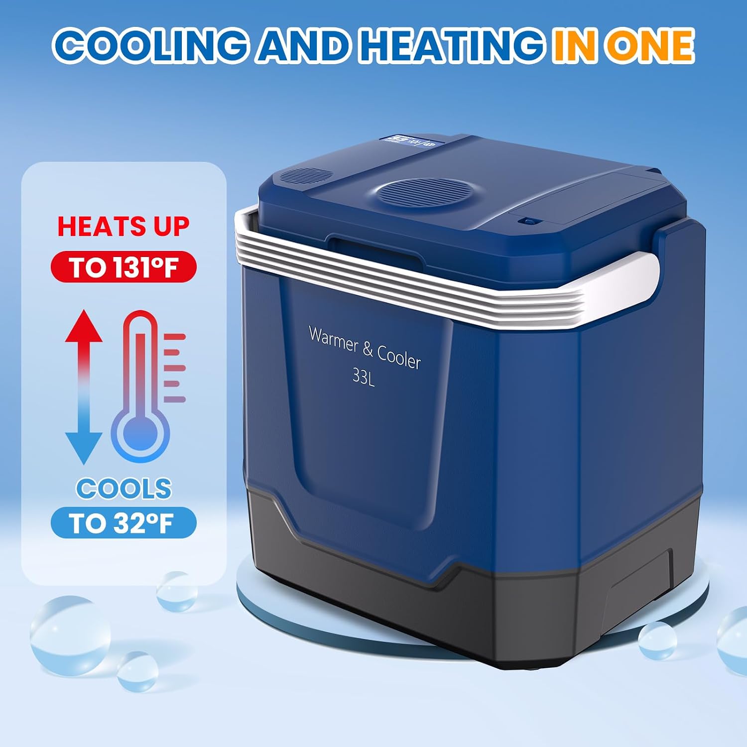 GarveeTech 35 QT (33 L) Electric Cooler & Warmer, Portable Car Refrigerator With Automatic Locking Handle, 12V Car Cooler for Vehicle & Trucks, 110V AC Home Power Cord, Plug In Coolers,Blue