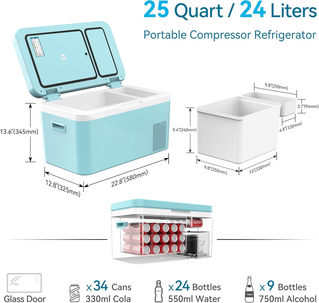 Megiu 12 Volt Car Refrigerator Dual Zone 25 Quart Portable Freezer 12V Fridge Compressor Cooler 12V/24V DC 110～240 Volt AC for Truck Van RV SUV and Home Use -18℃~+15℃ (Glass Door)