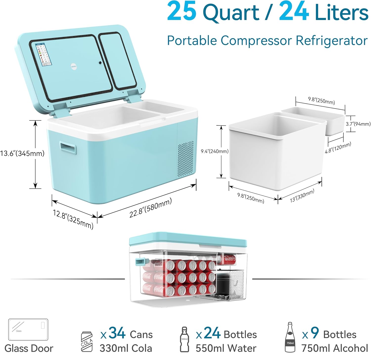 Megiu 12 Volt Car Refrigerator Dual Zone 25 Quart Portable Freezer 12V Fridge Compressor Cooler 12V/24V DC 110～240 Volt AC for Truck Van RV SUV and Home Use -18℃~+15℃ (Glass Door)