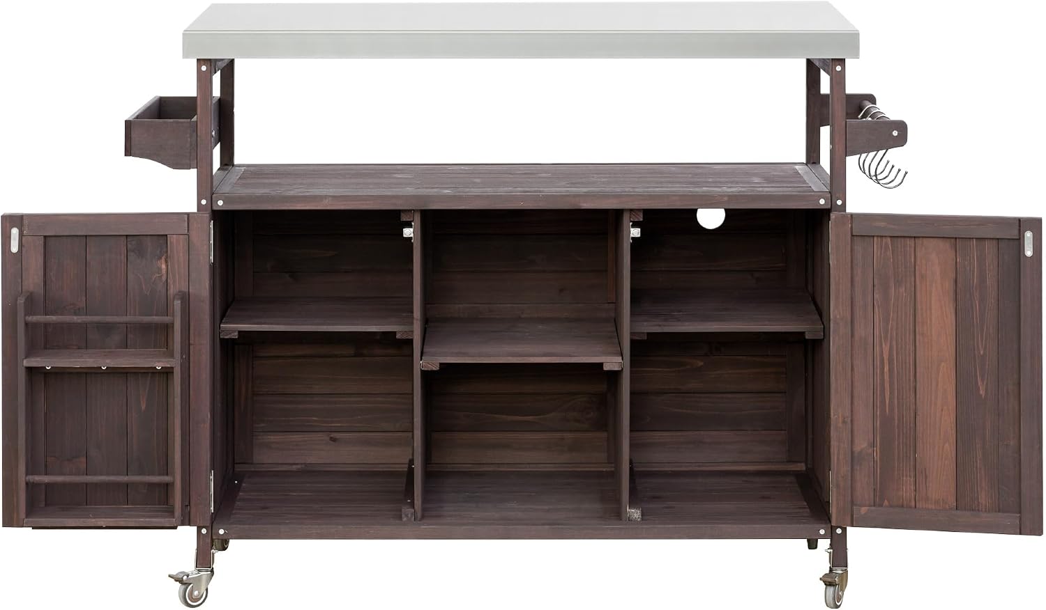 Outdoor Grill Table Bar Cart with Stainless Steel Top, Farmhouse Solid Wood Outdoor Kitchen Island with Spice Rack and Towel Rack, Rolling Island Cart for Kitchen, BBQ, Garden, Patio, Dark Brown