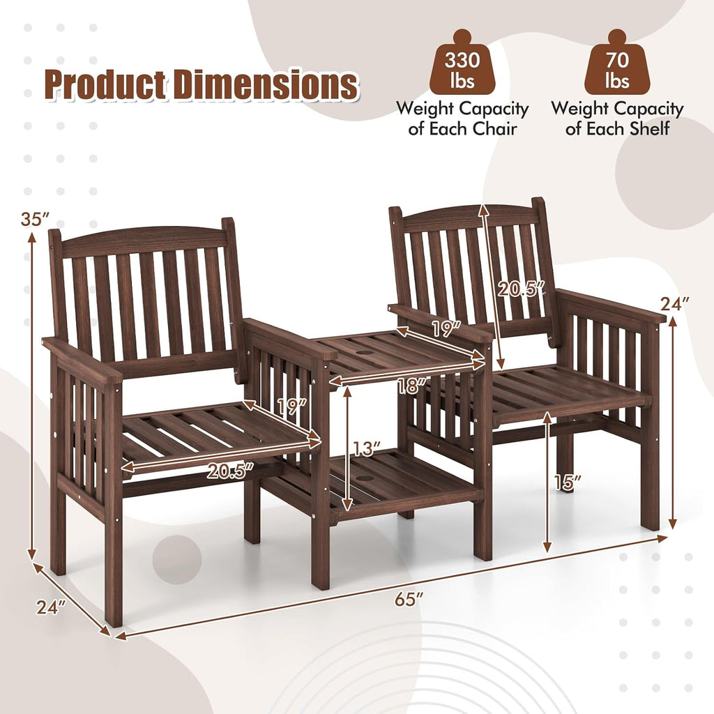 Tangkula Outdoor Fir Wood Loveseat with 2-Tier Side Table and Umbrella Hole, 2-Seater Patio Garden Bench with Armrests and Slatted Seats, Outdoor Table and Chairs Set for Porch and Balcony