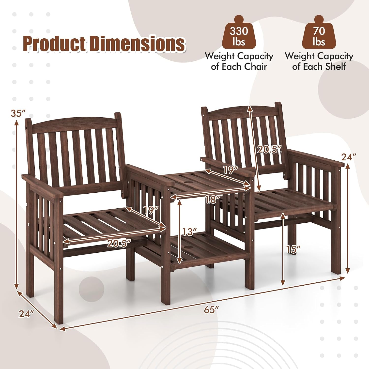Tangkula Outdoor Fir Wood Loveseat with 2-Tier Side Table and Umbrella Hole, 2-Seater Patio Garden Bench with Armrests and Slatted Seats, Outdoor Table and Chairs Set for Porch and Balcony