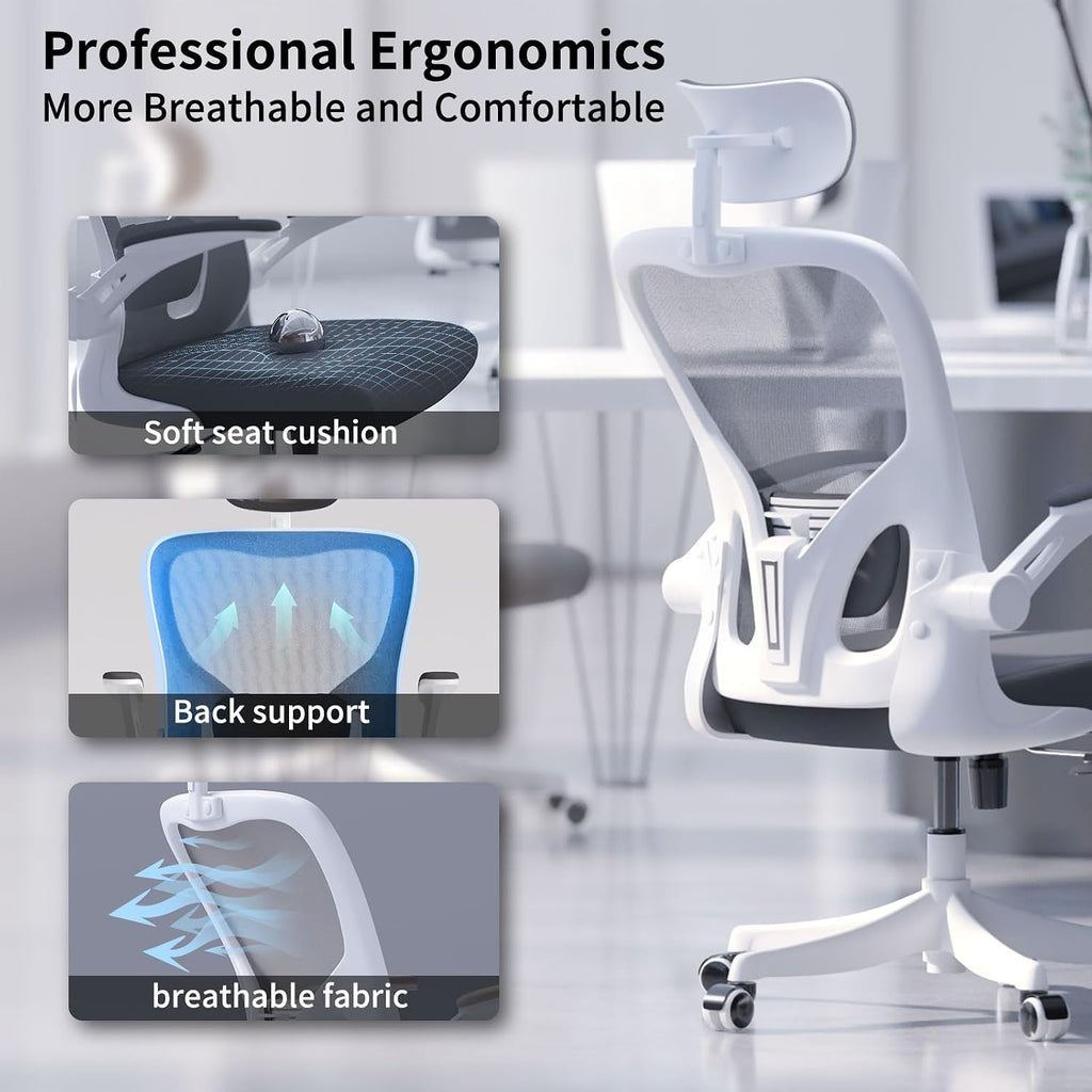 Monhey Ergonomic Office Chair, 90°-125° Tilt Back Home Desk Chair with 360° Swivel & Mute Wheels, High Back Mesh Computer Chair for Adults with Lumbar Support, 330 LBS Capacity(02White+Grey)