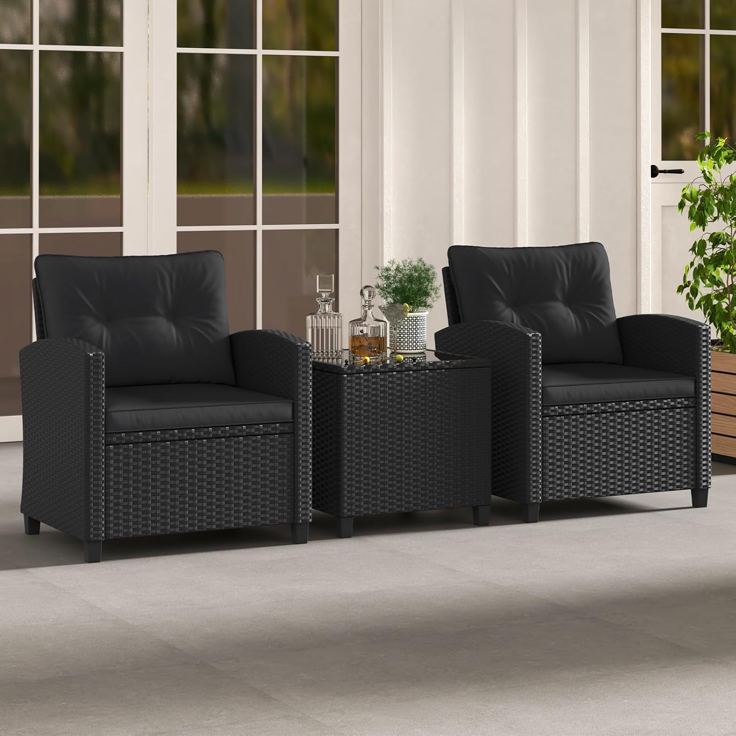 HAPPYGRILL 3 Pieces Wicker Patio Conversation Set, PE Rattan Bistro Sofa Set with Tempered Glass Coffee Table, Washable Cushions, Outdoor Furniture Set for Garden Poolside Balcony (Black)