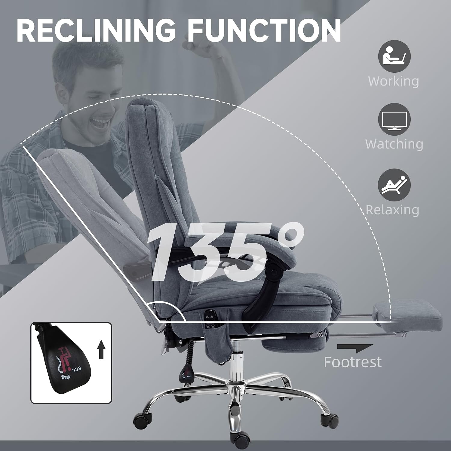 Vinsetto Massage Office Chair with Foot Rest, Executive Computer Desk Chair with 6 Vibration Point and Heat, Reclining Backrest, Swivel Wheels, Adjustable Height, Charcoal Gray
