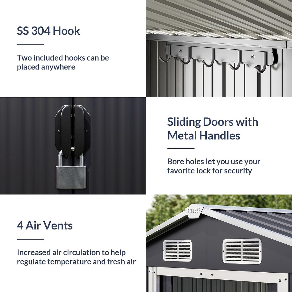 BELLEZE 8 x 6 FT Weatherproof Garden Storage Shed, Reinforced Outdoor Metal Shed with Air Vent and Lockable Door, Storage Shed for Store Bike, Tools, Lawnmower, Outdoor Chairs in Backyard, Patio