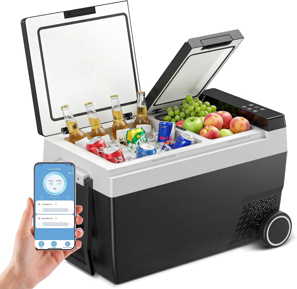 Feelfunn 12 Volt Refrigerator 55QT(52L), Dual-Zone Car Fridge Freezer with Wheels, -4°F to 68°F Electric Cooler with Fast Cooling & APP Control, 12/24V DC 100-240V AC for Camping RV Truck SUV, Black