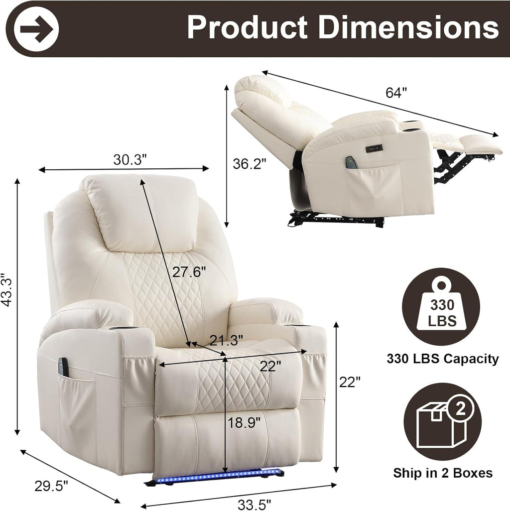 AHMED Power Recliner Chair with Vibration Massage & Heat for Adults, Faux Leather Home Theater Seating with Cup Holders/LED Lights/USB Ports/Side Pockets for Living Room, Beige
