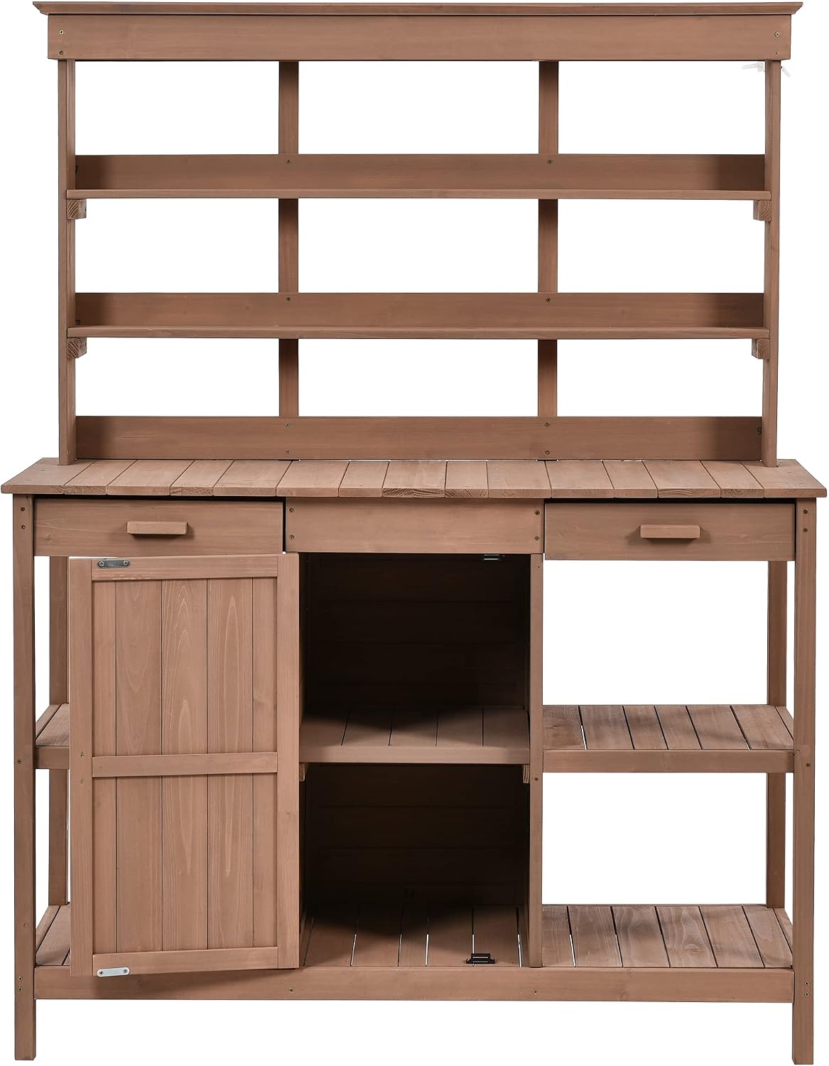 66' Large Outdoor Farmhouse Wooden Potting Bench Table, Garden Workstation with 2 Drawers, Cabinet and Open Shelves for Backyard, Mudroom (Brown/Outdoor#)