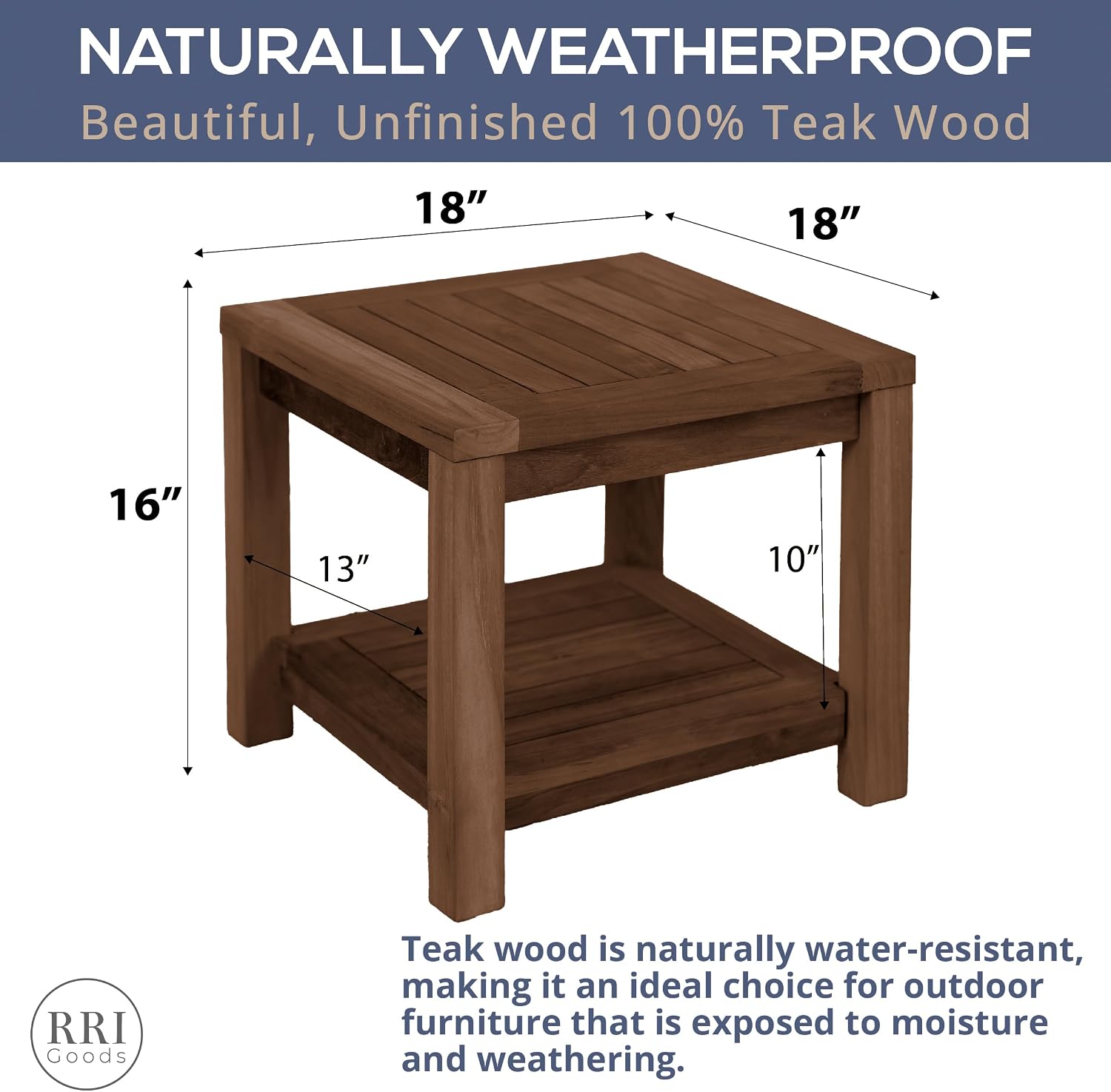 Teak Wood Side Table with Storage - Teak Oil Finish Indoor and Outdoor Wooden Furniture for Deck, Porch, Balcony, Living Room, Bedroom and Backyard (18' D x 18' W x 16' H)