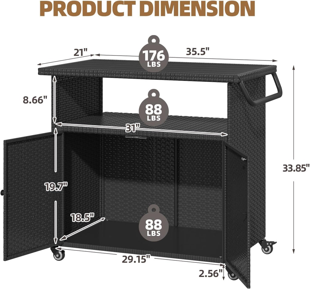 Outdoor Storage Cabinet on Wheels for Patio Outdoor Rattan Bar Cart on Wheels Storage Kitchen Cabinet Waterproof for Grill Outdoor Sideboard for Outside, Pool, Backyard Bar, Parties, Poolside