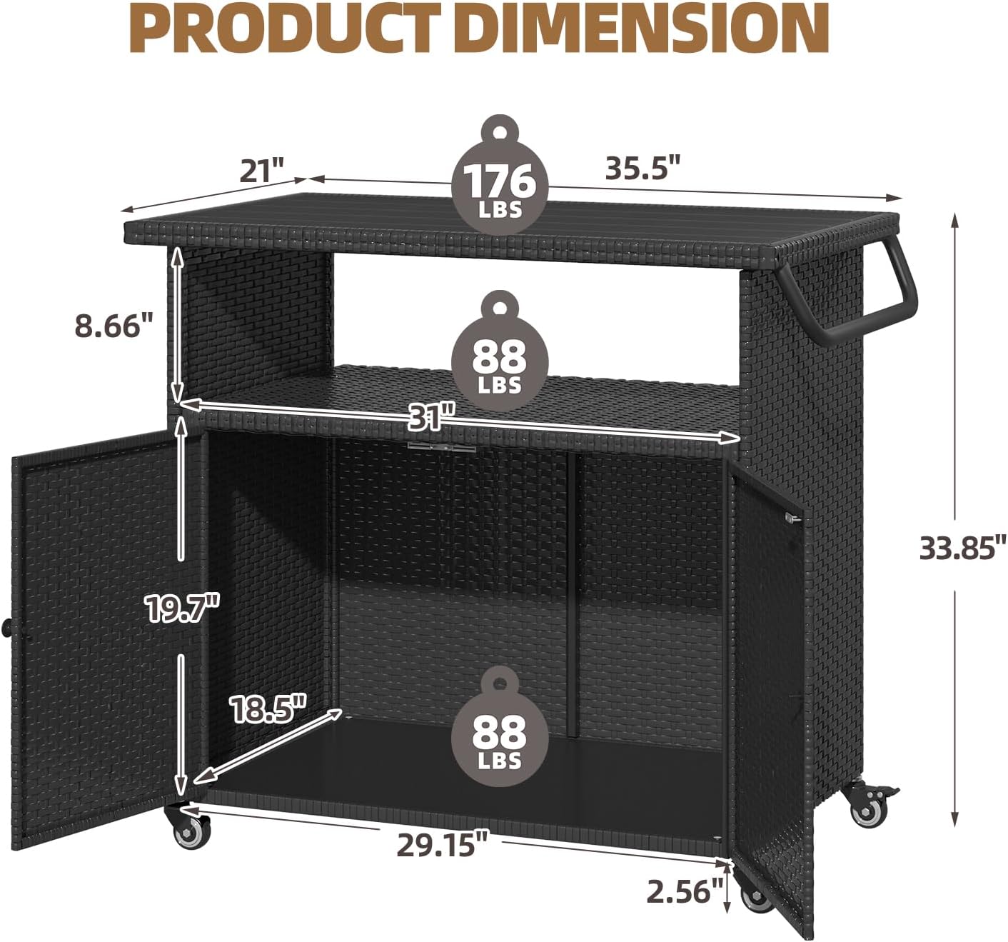 Outdoor Storage Cabinet on Wheels for Patio Outdoor Rattan Bar Cart on Wheels Storage Kitchen Cabinet Waterproof for Grill Outdoor Sideboard for Outside, Pool, Backyard Bar, Parties, Poolside