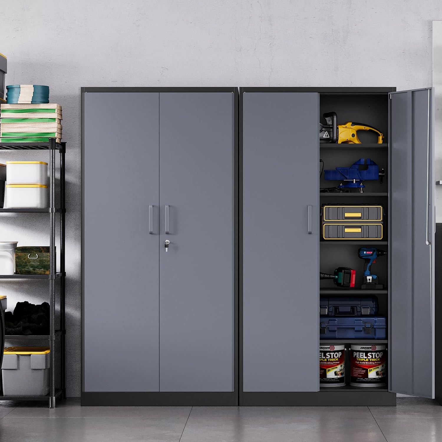 MIIIKO Metal Storage Cabinet with Locking Doors, Black Garage Storage Cabinets with 5 Adjustable Shelves