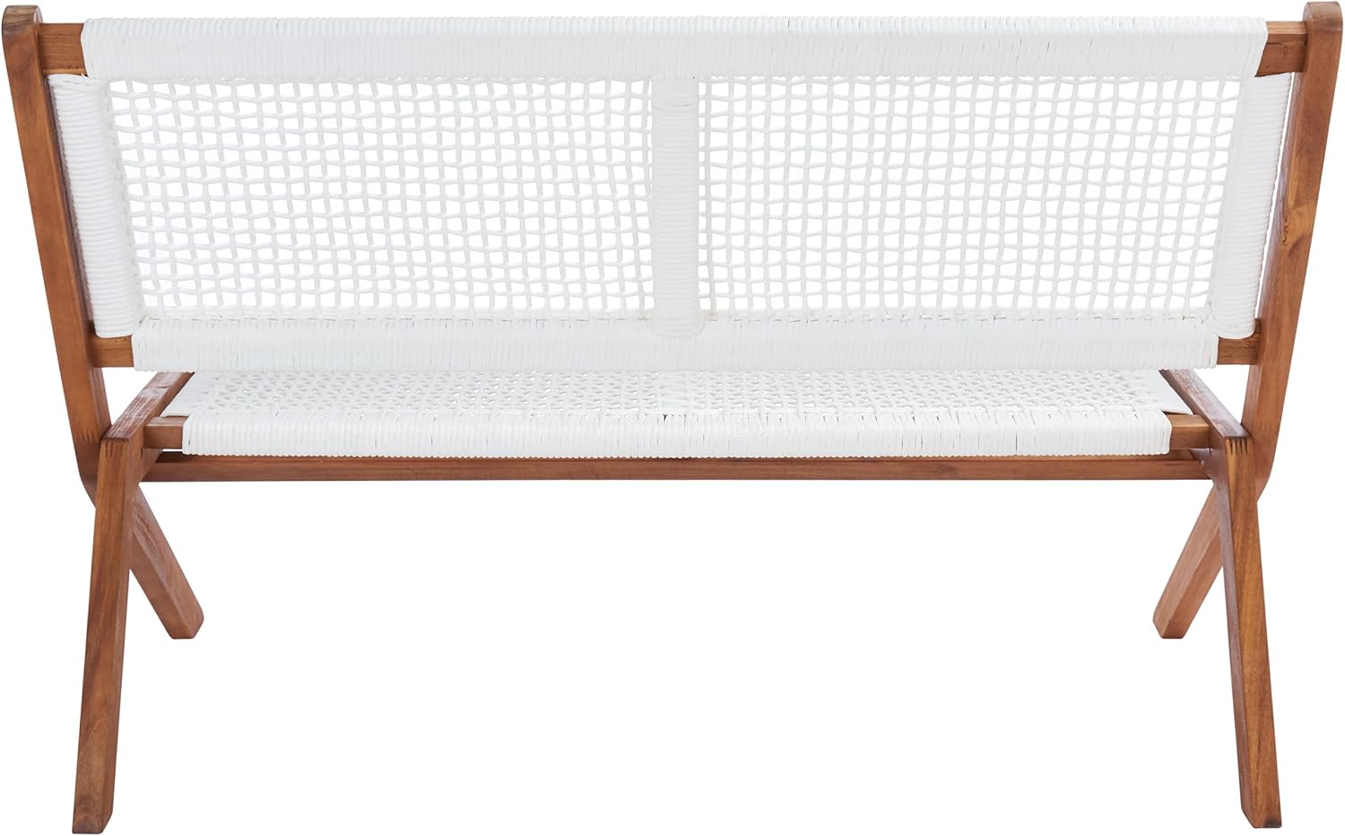 SAFAVIEH Outdoor - Kobina Folding Bench - Natural & White - Solid Wood and Rope - Modern Sculpted Folding Design - Ideal for Patio, Deck, Porch, Backyard, 13.8' Seat Height (PAT7304D)