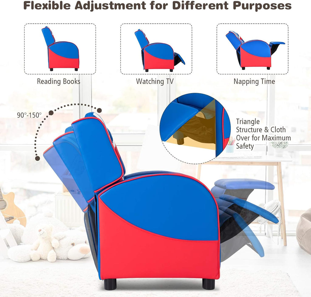 Kids Recliner, Kids Gaming Recliner Chair w/Adjustable Backrest & Footrest, 2 Side Pockets, Leather Armchair for Nursery, Bedroom, Comfy Toddler Chair Sofa for Boys & Girls (Blue)
