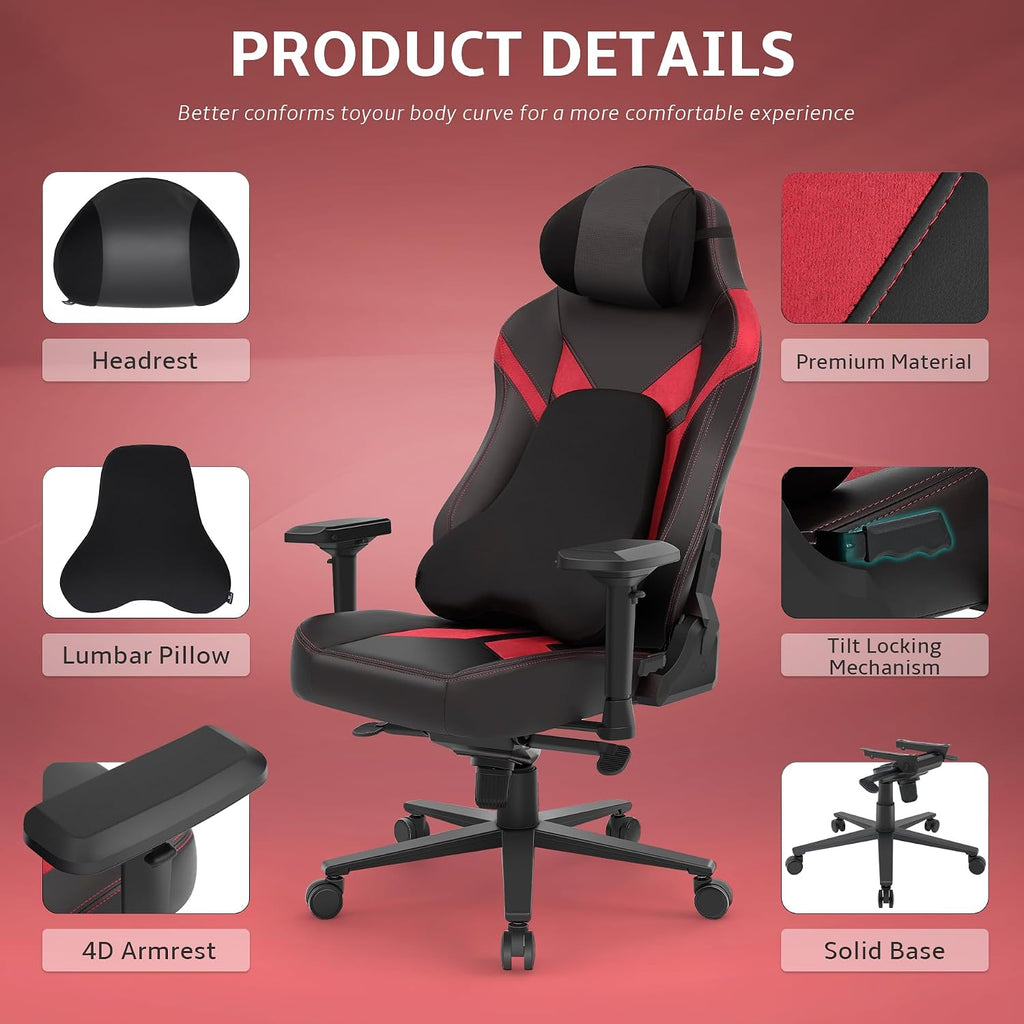 Ergonomic Gaming Chair, Computer Desk Chairs, 4D Armrests, High Back Office Chair with Headrest & Lumbar Pillow, Tilt Rocker Recliner, Heavy-Duty Base, Black PU Leather & Red Suede Combo