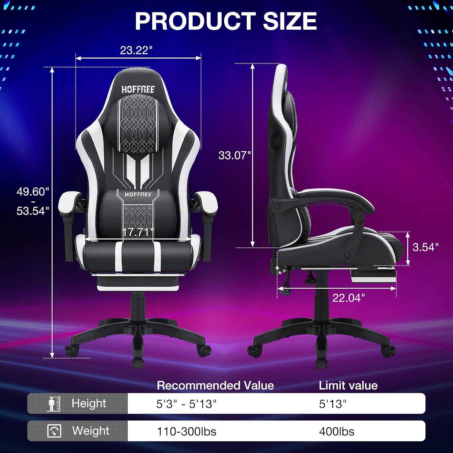 HOFFREE LED Gaming Chair with Speakers Massage Big and Tall Computer Chair with RGB Lights Bluetooth Game Chair with Footrest High Back Gaming Chairs for Adults 400lbs White and Black