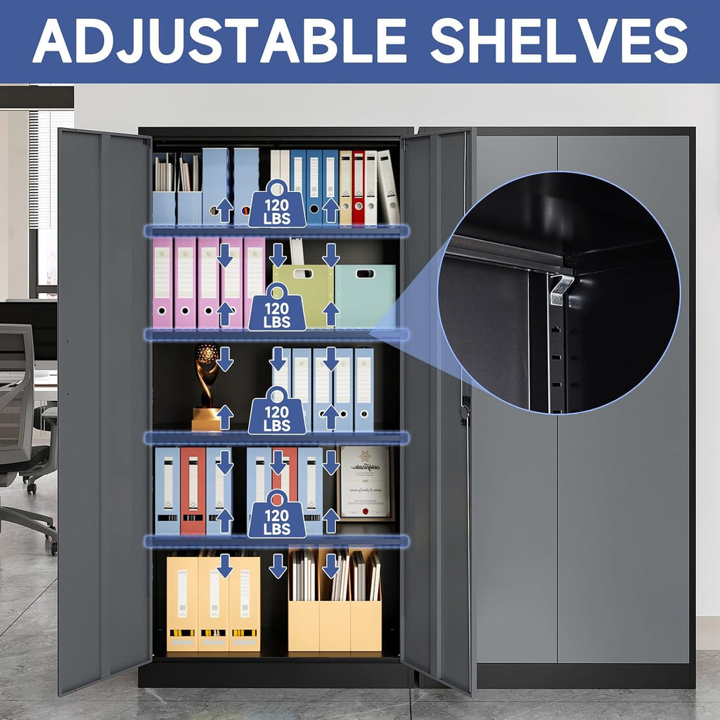 Metal Storage Cabinet with 2 Doors and 4 Adjustable Shelves, 71' Steel Garage Storage Cabinet, Locking Tool Cabinets for Office, Home,School,Kitchen,Garage Tool Utility Cabinet Black Grey