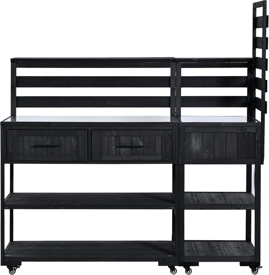 62.3'' Patio Kitchen Island, Solid Wood Kitchen Cart with Stainless Table Top, Garden Potting Bench with Raised Shelf and Drawers, Grill Prep Table for BBQ, Party (Black-62.3'')