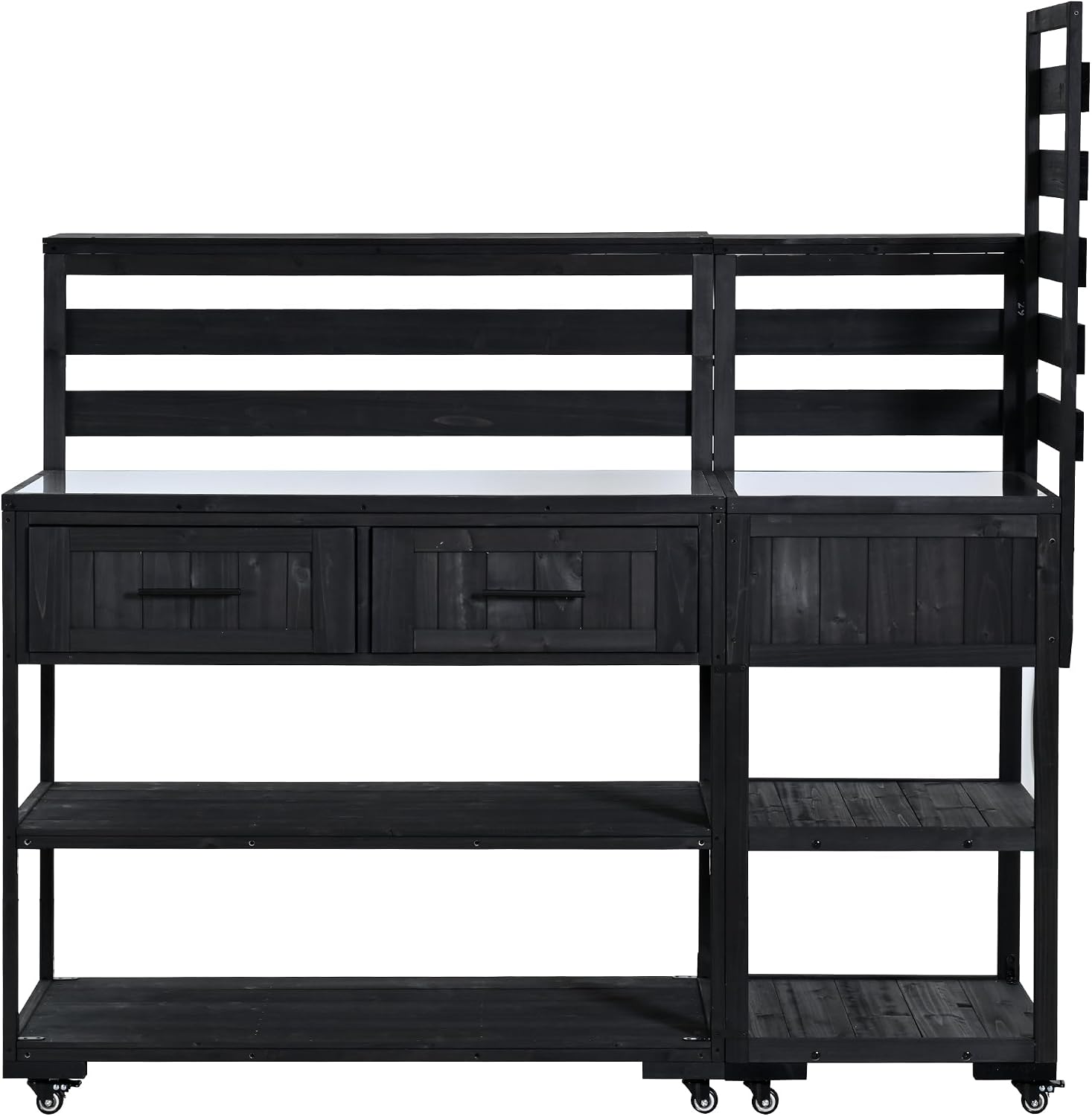 62.3'' Patio Kitchen Island, Solid Wood Kitchen Cart with Stainless Table Top, Garden Potting Bench with Raised Shelf and Drawers, Grill Prep Table for BBQ, Party (Black-62.3'')