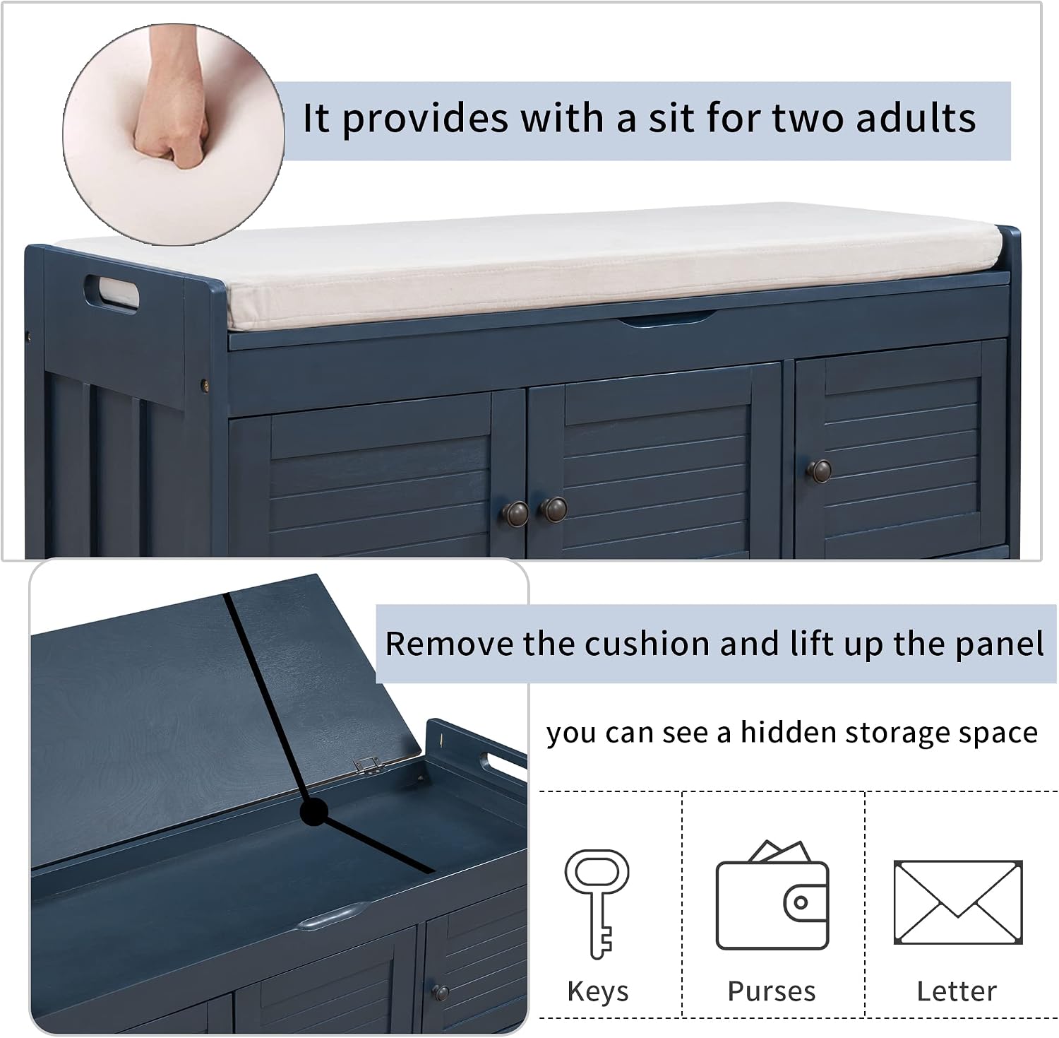 Storage Bench with 3 Shutter-Shaped Doors and Flip-Open Storage Box, Shoe Rack for Entryway and Hallway,Shoe Bench with Adjustable Shelves Storage Space and Removable Seat Cushion, Antique Navy