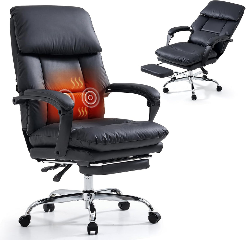 EMIAH Heated and Massage Office Chair with Foot Rest, Executive Office Chair Reclining High Back PU Leather Comfy Swivel Computer Desk Chairs with Wheels and Lumbar Support for Home Office，Black